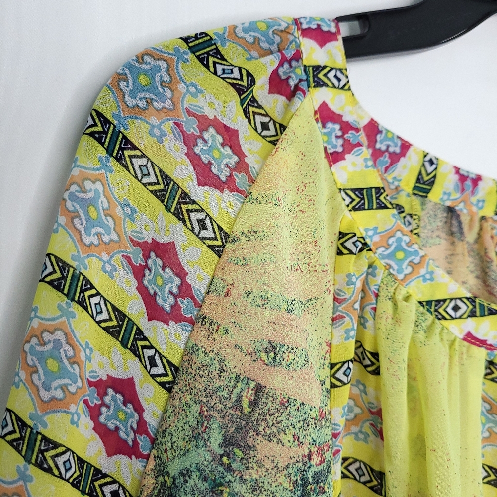 FIG & FLOWER Women's Boho Print Semi Sheer Blouse PETITE LARGE - Picture 4 of 14